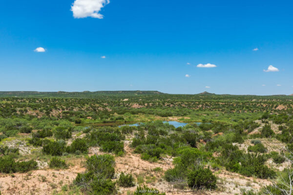 Wide view of West Texas ranch land with a stock tank, mesquite and juniper, and mesas on the horizon